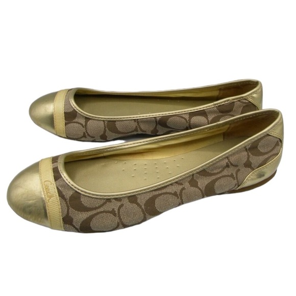 Coach Monogram Cecile Ballerina Slip On Flats Shoes Gold Leather Toes Size 6 NEW - Picture 1 of 8